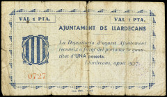 PAPER MONEY OF THE CIVIL WAR: CATALUNYA

1 Pesseta. Agost 1937. Aj. de LLARDECANS. (Sucio, roto y reparado con papel). MUY ESCASO. AT-1330. BC+.