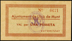PAPER MONEY OF THE CIVIL WAR: CATALUNYA

1 Pesseta. Aj. de LLIÇÀ DE MUNT. RARO. AT-1347. EBC.