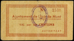 PAPER MONEY OF THE CIVIL WAR: CATALUNYA

50 Cèntims. Aj. de LLIÇÀ DE MUNT. RARO. AT-1348. MBC.