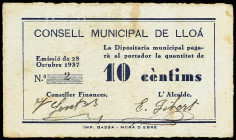 PAPER MONEY OF THE CIVIL WAR: CATALUNYA

10 Cèntims. 28 Octubre 1937. C.M. de LLOÀ. Numeración muy baja: 2. Firmado a mano. (Manchitas). RARO. AT-13...