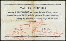 PAPER MONEY OF THE CIVIL WAR: CATALUNYA

25 Cèntims. 29 Juliol 1937. Aj. de LLORENÇ DE MORUNYS. (Algo sucio). ESCASO. AT-1632. (MBC+).