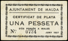 PAPER MONEY OF THE CIVIL WAR: CATALUNYA

1 Pesseta. Juny 1937. Aj. de MALDÀ. (Levemente sucio). MUY ESCASO. AT-1400. EBC.