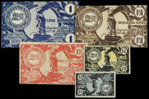 PAPER MONEY OF THE CIVIL WAR: CATALUNYA

Lote de 5 billetes de 5, 10, 25 y 50 Cèntims y 1 Pesseta. 26 Maig 1937. Aj. de MALGRAT. AT-1410/14. MBC+ a ...