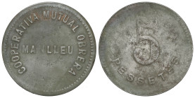 PAPER MONEY OF THE CIVIL WAR: CATALUNYA

5 Pessetes. COOPERATIVA MUTUAL OBRERA. MANLLEU. Hierro. RARA. L-2962. MBC+.