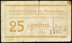 PAPER MONEY OF THE CIVIL WAR: CATALUNYA

25 Cèntims. C.M. de MASDENVERGE. Cartón. (Roturas, sucio). MUY ESCASO. AT-1465. MBC-.