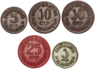 PAPER MONEY OF THE CIVIL WAR: CATALUNYA

Lote 5 fichas 5, 10 (2) y 25 Cèntims y 1 Pesseta. COOPERATIVA `EL MASNOU´. MASNOU. Baquelita. RARÍSIMAS. L-...