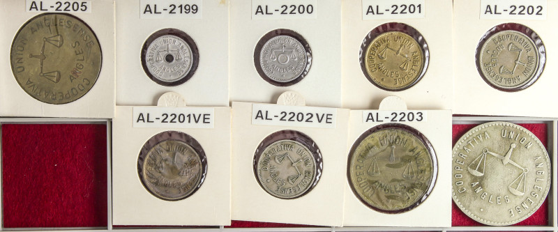 Lote 9 fichas 1 a 100 Pesetas. COOPERATIVA UNIÓN ANGLESENSE. ANGLÉS. Al, Ni, Lat...