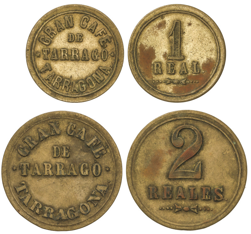 Serie 2 fichas 1 y 2 Reales. GRAN CAFÉ DE TARRACO. TARRAGONA. Latón. L-2521/2522...