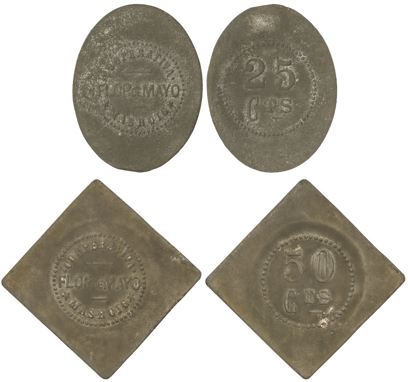 Lote 2 fichas 25 y 50 Cèntims. COOPERATIVA FLOR DE MAYO. MASROIG. Zinc. 25 Cts. ...