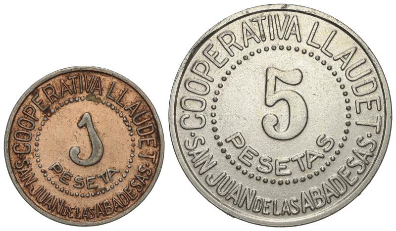 Lote 2 fichas 1 y 5 Pesetas. COOPERATIVA LLAUDET. SAN JUAN DE LAS ABADESAS. Al A...