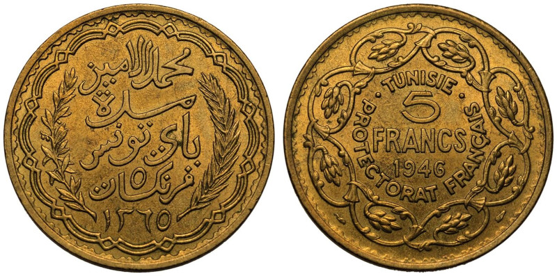 TUNISIA. Muhammad VIII . 
Aluminium bronze 5 Francs, 1365 (1946). Paris. 
Obv:...
