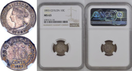 Ceylon: British Victoria 1893 Silver 10 Cents NGC MS 63