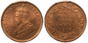 India British George V 1917 Bronze 1/4 Anna MS 64 RD