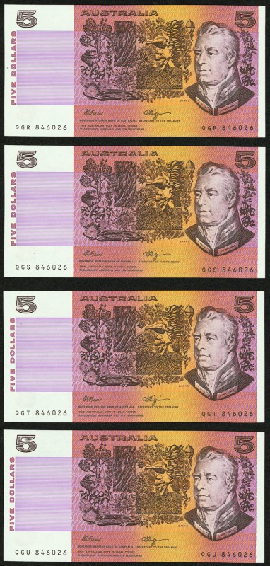 Four Matching Serial Number Examples Australia Reserve Bank of Australia 5 Dolla...