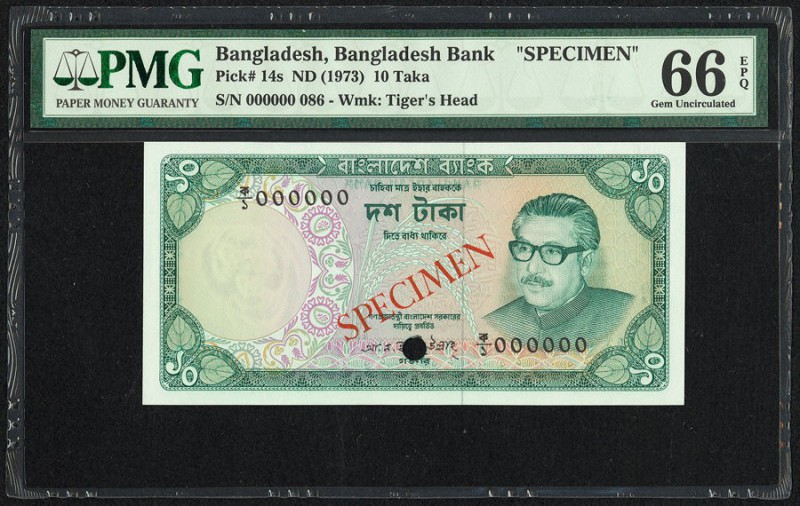 Bangladesh Bangladesh Bank 10 Taka ND (1973) Pick 14s Specimen PMG Gem Uncircula...