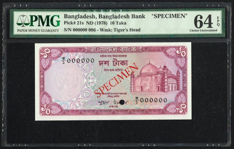 Bangladesh Bangladesh Bank 10 Taka ND (1978) Pick 21s Specimen PMG Choice Uncirc...