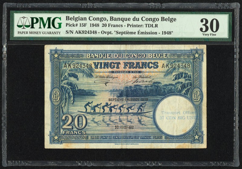 Belgian Congo Banque du Congo Belge 20 Francs 10.8.1948 Pick 15F PMG Very Fine 3...