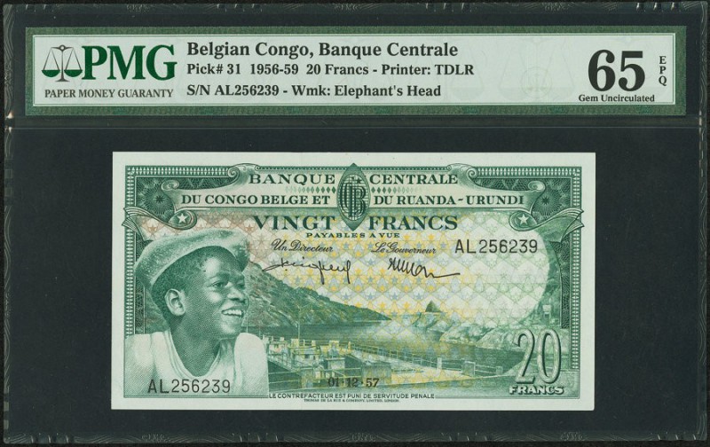 Belgian Congo Banque Centrale du Congo Belge 20 Francs 1.12.1957 Pick 31 PMG Gem...