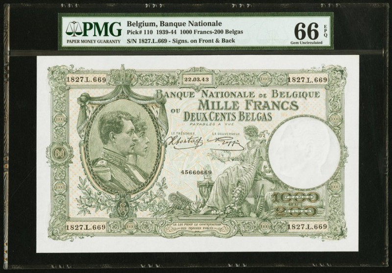 Belgium Banque Nationale de Belgique 1000 Francs-200 Belgas 22.03.1943 Pick 110 ...