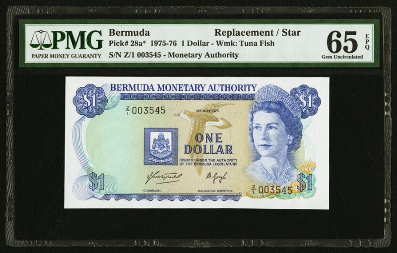 Bermuda Monetary Authority 1 Dollar 1.7.1975 Pick 28a* Replacement PMG Gem Uncir...
