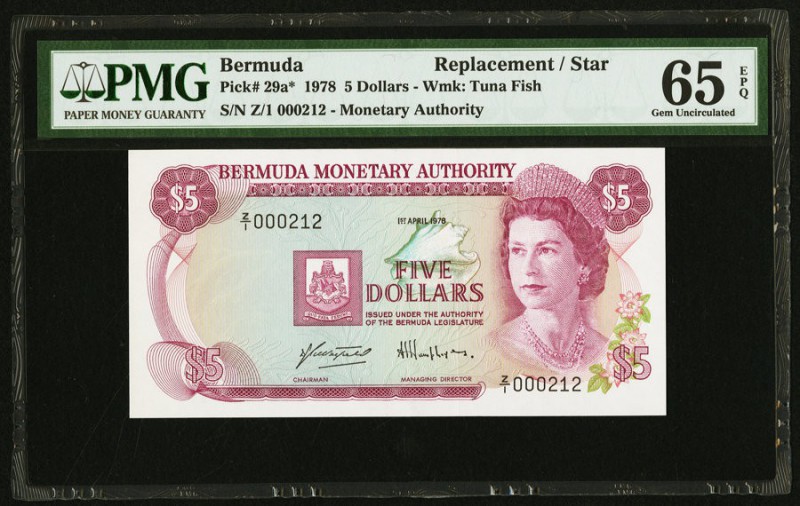 Bermuda Monetary Authority 5 Dollars 1.4.1978 Pick 29a* Replacement PMG Gem Unci...