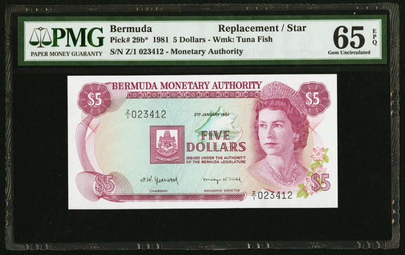 Bermuda Monetary Authority 5 Dollars 2.1.1981 Pick 29b* Replacement PMG Gem Unci...
