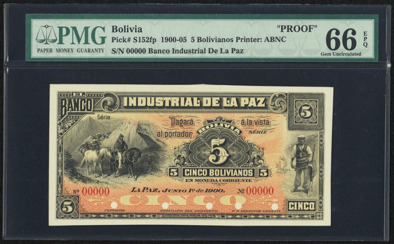 Bolivia Banco Industrial de La Paz 5 Bolivianos 1.6.1900 Pick S152fp Front Proof...