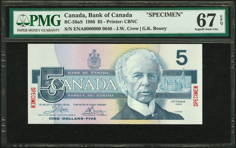 Canada Bank of Canada $5 1986 BC-56aS Specimen PMG Superb Gem Unc 67 EPQ. 

HID0...