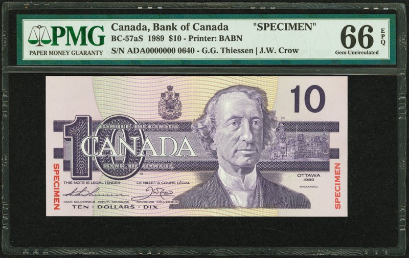 Canada Bank of Canada $10 1989 BC-57aS Specimen PMG Gem Uncirculated 66 EPQ. 

H...