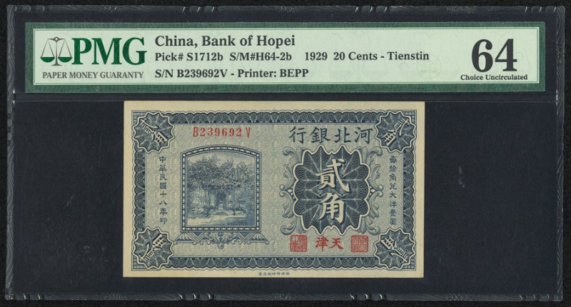 China Bank of Hopei, Tientsin 20 Cents 1929 Pick S1712b S/M#H64-2b PMG Choice Un...