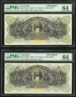 Costa Rica Banco Anglo Costarricense 10 Colones 1.1.19xx Pick S123s1; S123s3 Two Specimen Examples PMG Choice Uncirculated 64. Staple holes; pinholes....