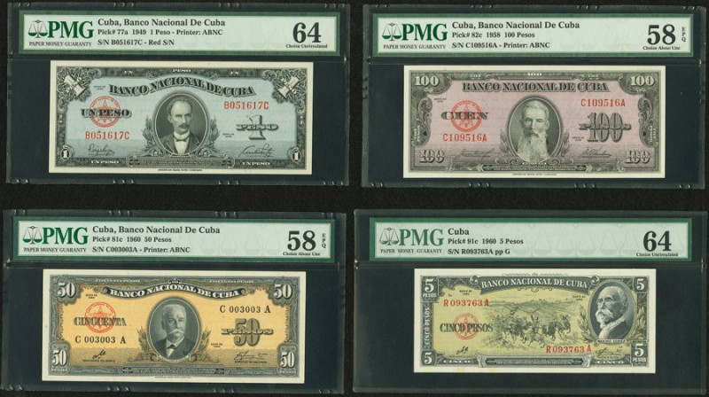 Lot Of Four PMG Graded Examples From Cuba Banco Nacional de Cuba. 1 Peso 1949 Pi...