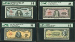Lot Of Four PMG Graded Examples From Cuba Banco Nacional de Cuba. 1 Peso 1949 Pick 77a PMG Choice Uncirculated 64; closed pinholes. 50 Pesos 1960 Pick...