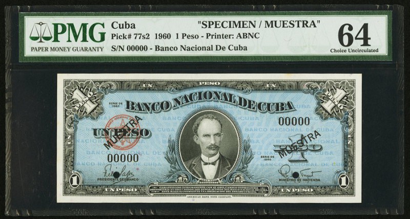 Cuba Banco Nacional de Cuba 1 Peso 1960 Pick 77s2 Specimen PMG Choice Uncirculat...