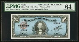 Cuba Banco Nacional de Cuba 1 Peso 1960 Pick 77s2 Specimen PMG Choice Uncirculated 64. Two POCs.

HID09801242017