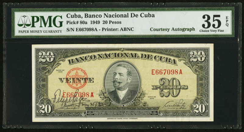 Cuba Banco Nacional de Cuba 20 Pesos 1949 Pick 80a Courtesy Autograph PMG Choice...