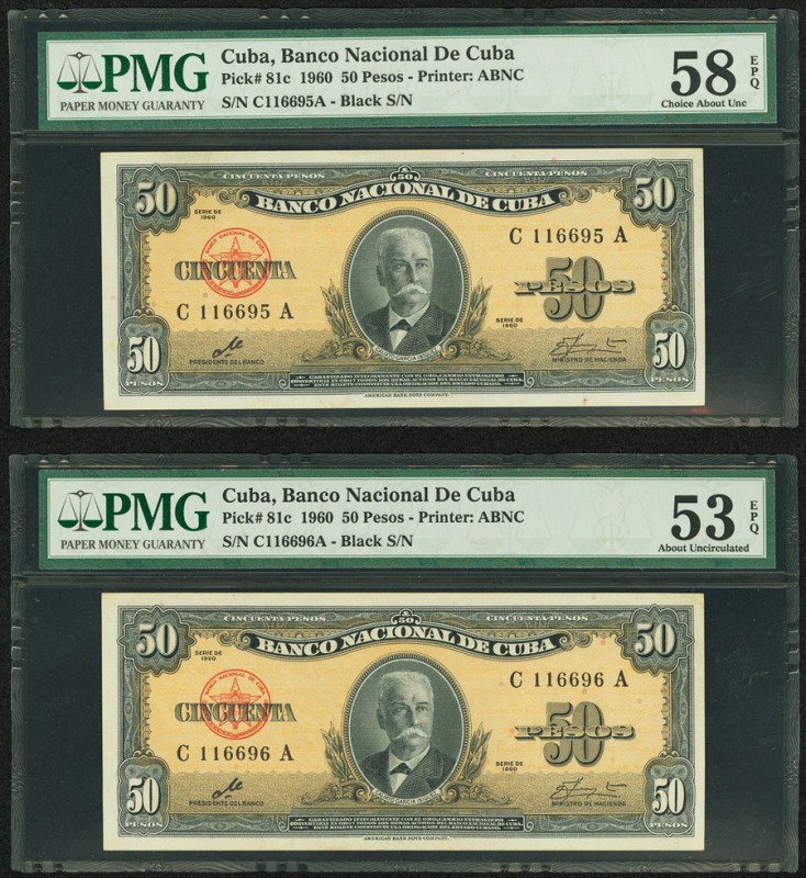 Cuba Banco Nacional de Cuba 50 Pesos 1960 Pick 81c Two Consecutive Examples PMG ...