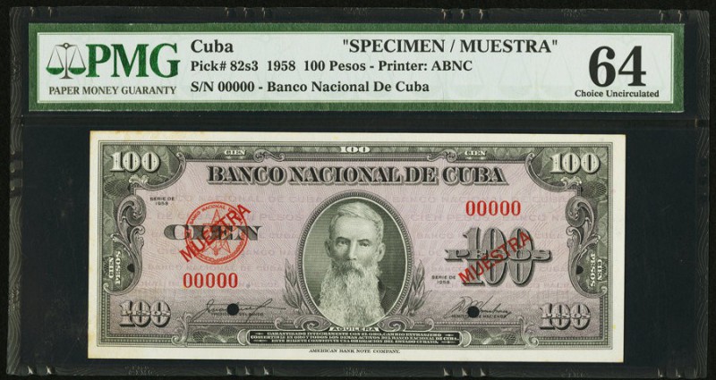 Cuba Banco Nacional de Cuba 100 Pesos 1958 Pick 82s3 Specimen PMG Choice Uncircu...