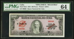 Cuba Banco Nacional de Cuba 100 Pesos 1958 Pick 82s3 Specimen PMG Choice Uncirculated 64. Two POCs.

HID09801242017