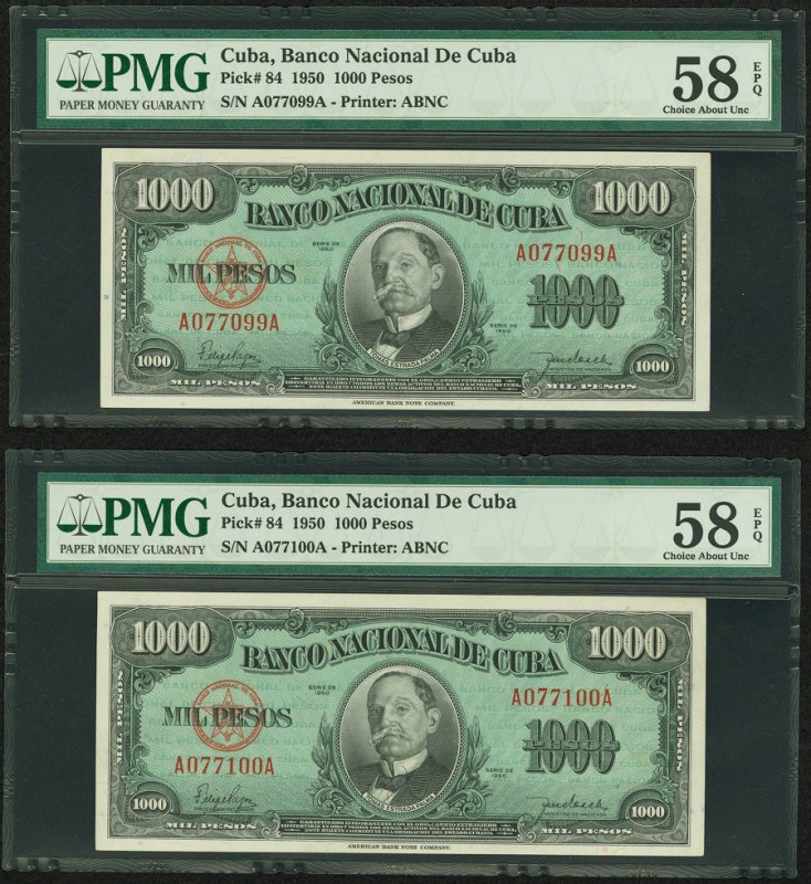 Cuba Banco Nacional de Cuba 1000 Pesos 1950 Pick 84 Two Consecutive Examples PMG...