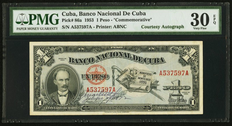 Cuba Banco Nacional de Cuba 1 Peso 28.1.1953 Pick 86a Courtesy Autograph PMG Ver...