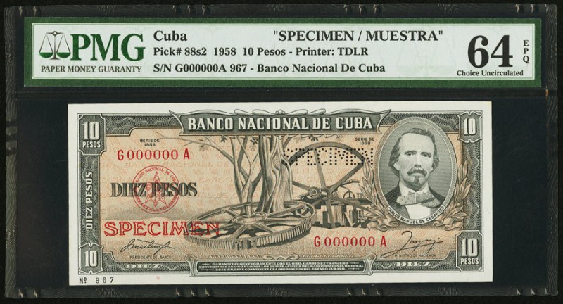 Cuba Banco Nacional de Cuba 10 Pesos 1958 Pick 88s2 Specimen PMG Choice Uncircul...