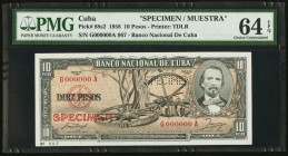Cuba Banco Nacional de Cuba 10 Pesos 1958 Pick 88s2 Specimen PMG Choice Uncirculated 64 EPQ. Roulette Specimen punch; as made indentations.

HID098012...