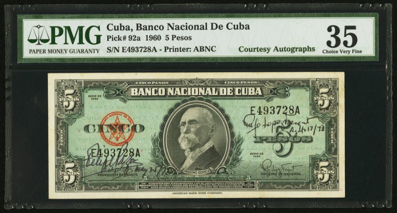 Cuba Banco Nacional de Cuba 5 Pesos 1960 Pick 92a Courtesy Autographs PMG Choice...