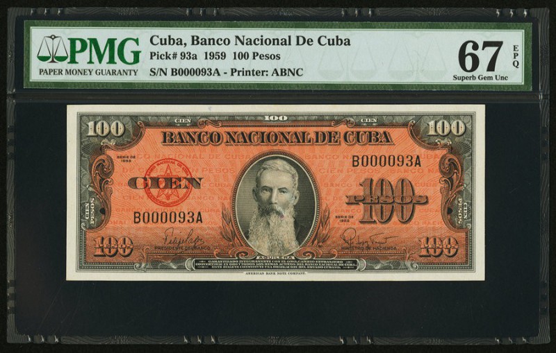Cuba Banco Nacional de Cuba 100 Pesos 1959 Pick 93a PMG Superb Gem Unc 67 EPQ. 
...
