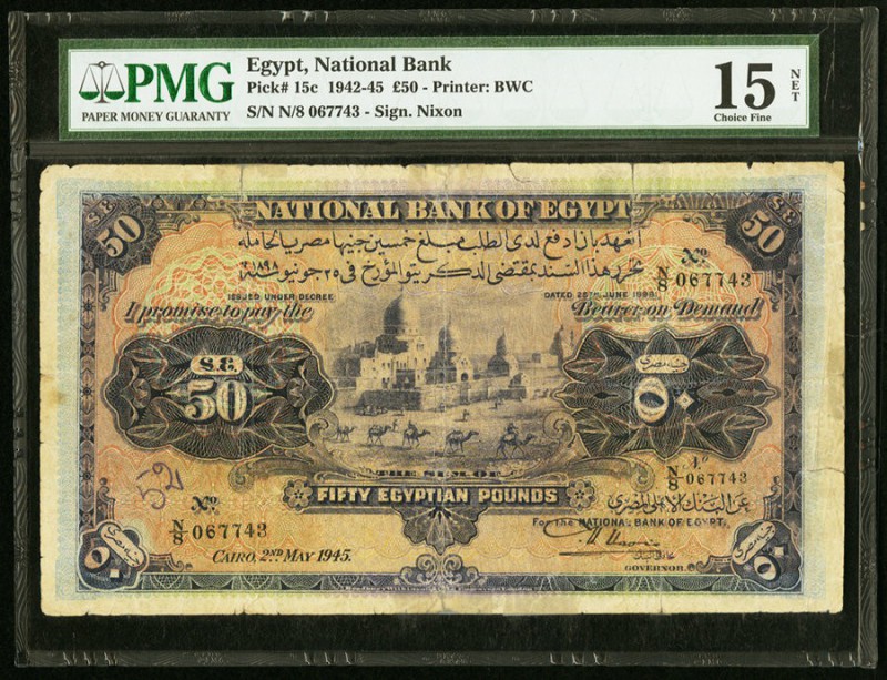 Egypt National Bank of Egypt 50 Pounds 2.5.1945 Pick 15c PMG Choice Fine 15 Net....