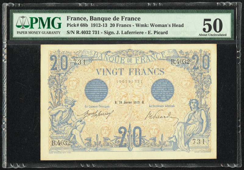 France Banque de France 20 Francs 28.1.1913 Pick 68b PMG About Uncirculated 50. ...