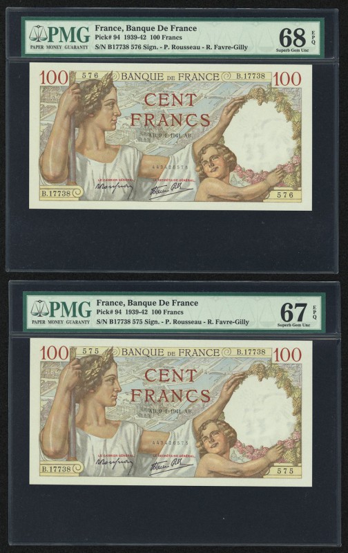 France Banque de France 100 Francs 9.1.1941 Pick 94 Two Consecutive Examples PMG...