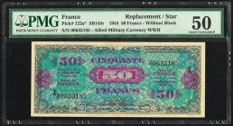 France Allied Military Currency 50 Francs 1944 Pick 122a* Replacement PMG About Uncirculated 50. Minor toning.

HID09801242017