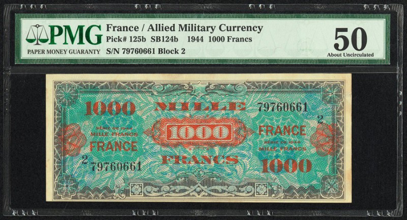 France Allied Military Currency 1000 Francs 1944 Pick 125b PMG About Uncirculate...